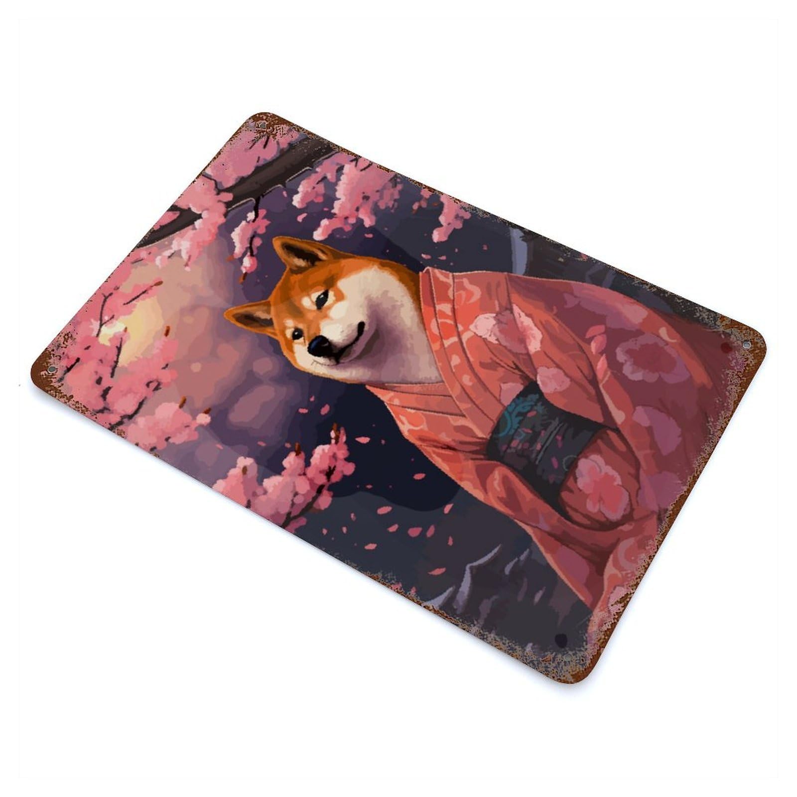Pixel Art Shiba Inu Sakura Decorative Tin Sign 11.8"x7.9", for Bistro, Counter And Cafe Decor, Retro Wall Decor
