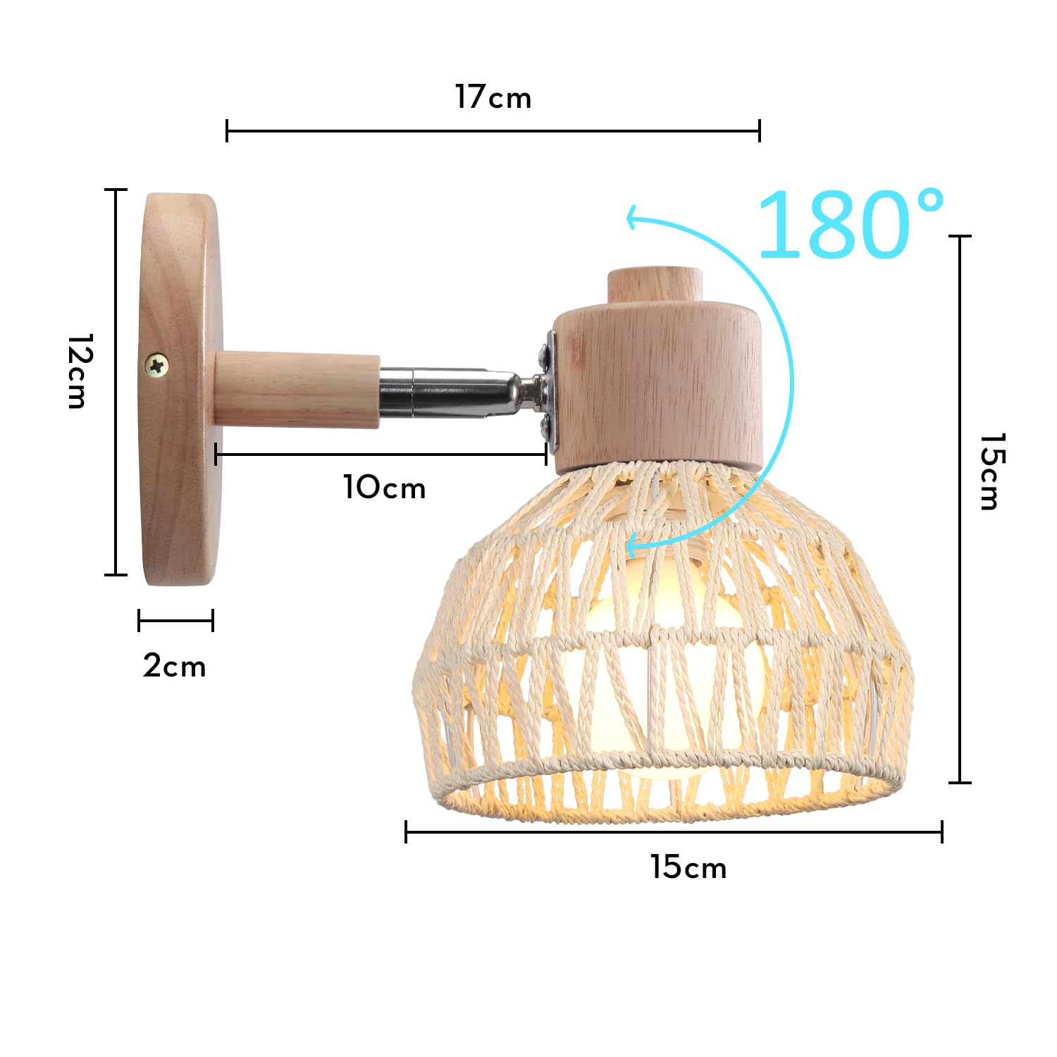 Lot de 2 Appliques Murales Intérieures 15CM Lampe Murale Réglable en Bois et Rotin Rétro E27 Luminaire Vintage pour Chambre Salon Couloir