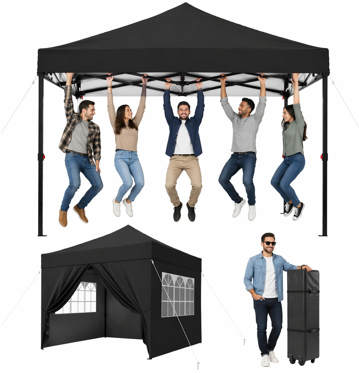 Aoxun Pop Up Gazebo with Sides 3m x 3m Waterproof Outdoor Canopy with Wheeled Carrybag,6 Weight Bags, 8 Stakes and 4 Ropes, Heavy Duty Instant Shelter for Garden Party BBQ, Black