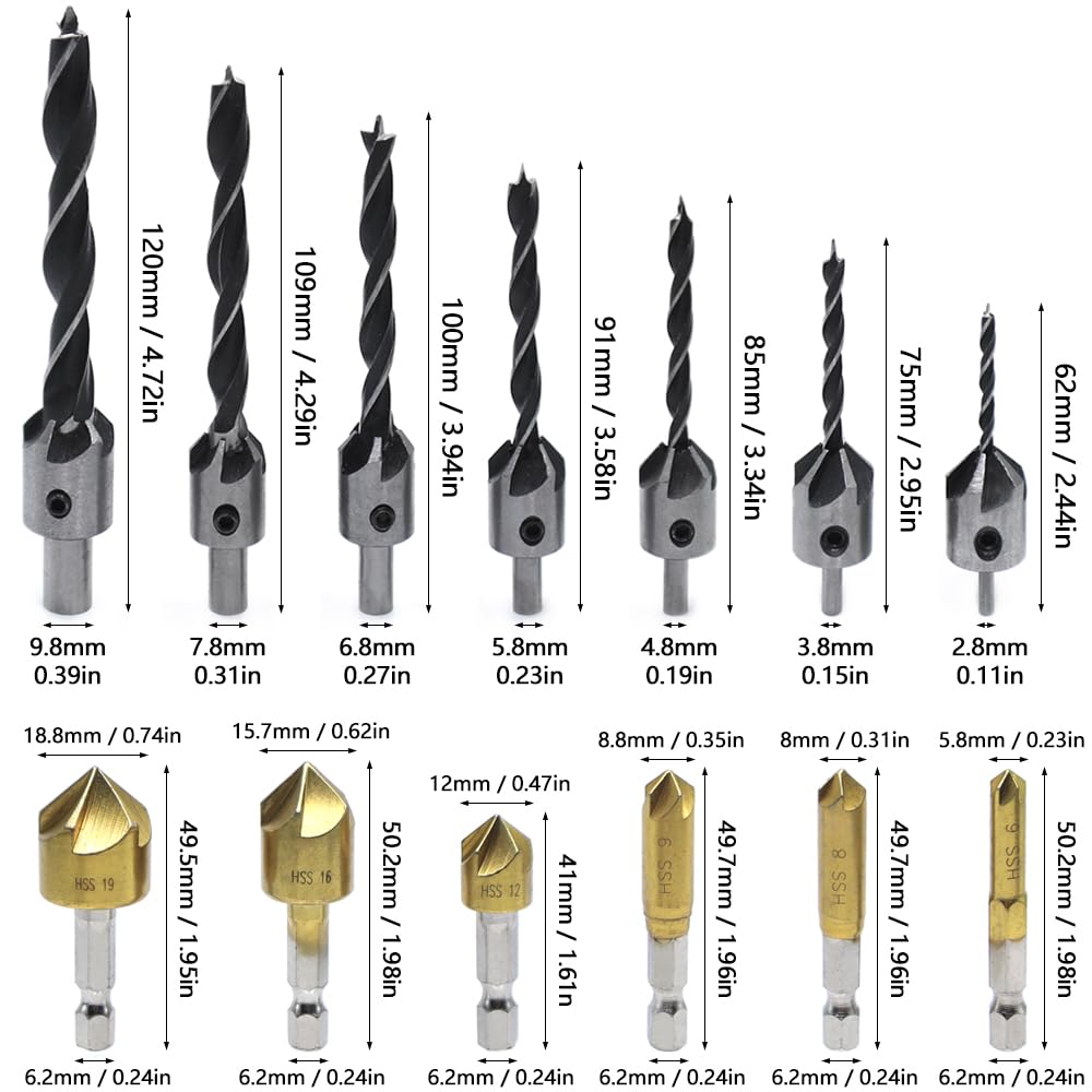 GYSRXS 23 Piece Countersink Drill Bit Set 6×Countersink 7×Trend Drill Bits 8×Wood Plug Cutter with 1×Center Punch and 1×Hexagonal Wrench Tool,for Wood Processing - Image 2