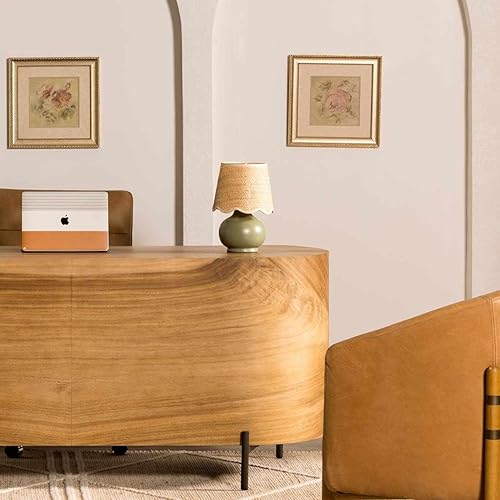 BoutiqueRugs Navarro - Lámpara de mesita de noche de cerámica bohemia para mesita de noche y sala de estar, pantalla de ratán, verde, beige, 13