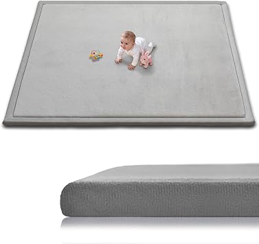 Baby Play Mat for Floor, 1.3 Inch Thick Memory Foam Tummy Time Mat with Non Slip Backing, Soft Coral Velvet 59X71 Inch Playpen Mat Crawling Tatami for Infants Toddlers Kids, Light Grey