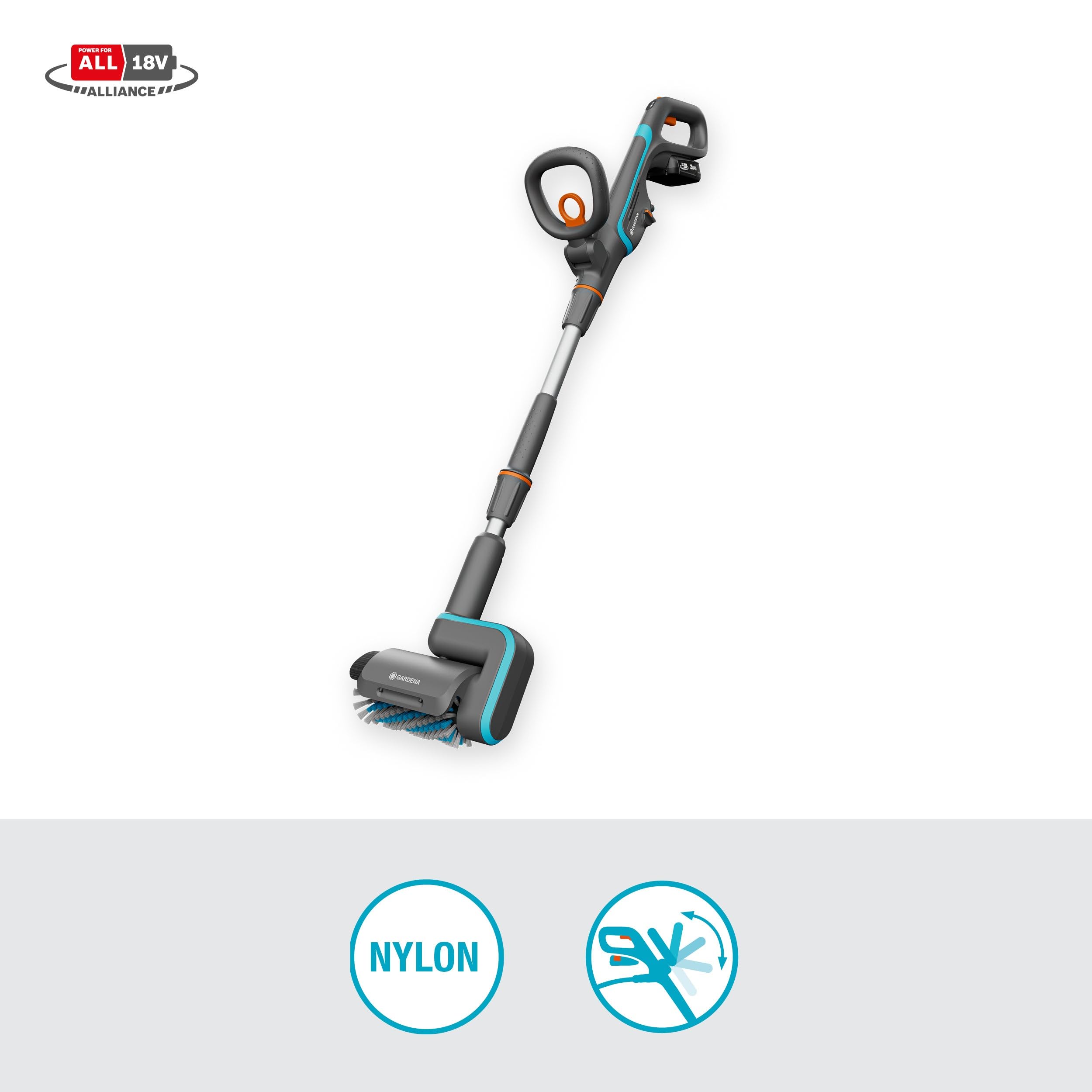 Gardena Spazzola Multifunzione A Batteria AquaBrush Patio 03/18V P4A Set Pronto All'Uso: Esterno, Comando con un solo tocco, Pulizia del cortile, Profilo della spazzola, Senza fili (14841-20)