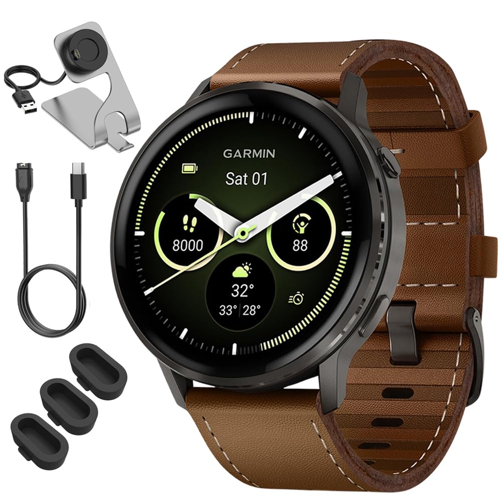 Venu 4 45mm Health and Fitness GPS Smartwatch, AMOLED, Slate with Black Band and Brown Le…