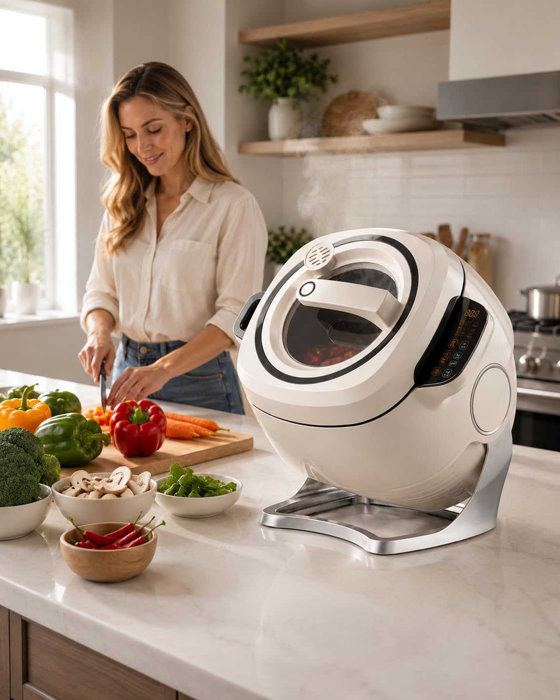 Robot da Cucina, Robot Automatico Multifunzionale con Funzione di Cottura Saltata A Rotazione 360°, capacità 6l, Riscaldamento IH 2000w E Controllo Touch, Cuocitore Elettrico