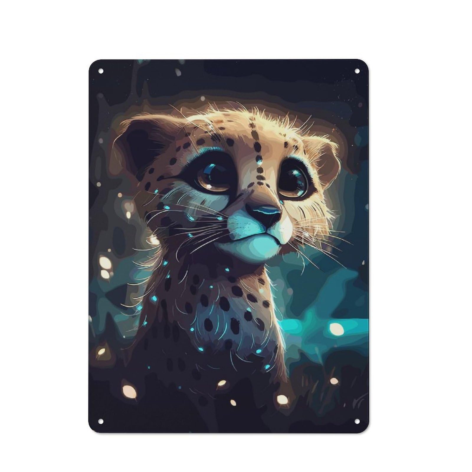 Junmoney Style-3 Weathered Look Cheetah Cub In The Night Metal Wall Sign 40X30cm, Shed Wall Plaque For Tool Room, Garage, Studio Or Home Bar