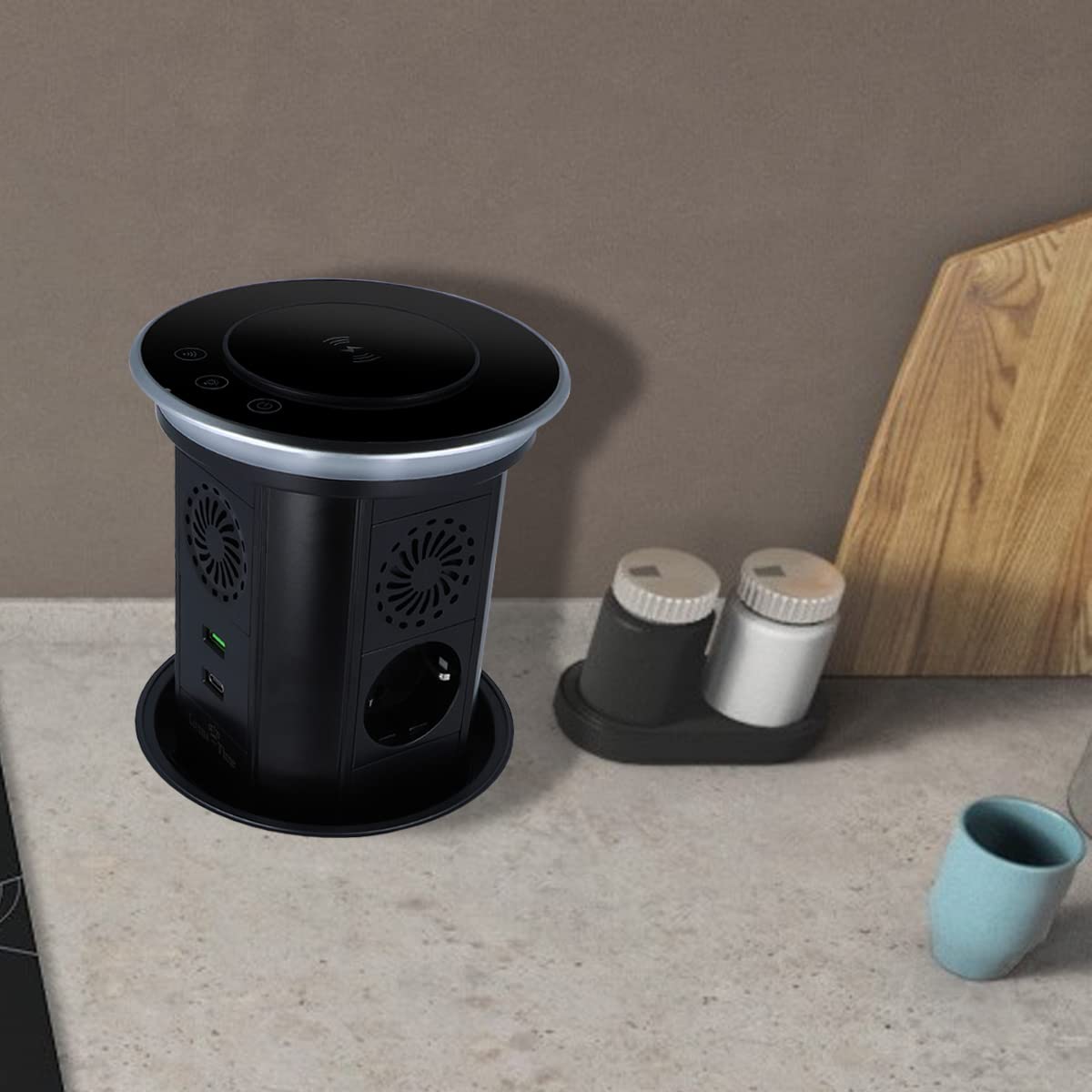 Enchufe de mesa premium con torre de enchufe retráctil, IP55, USB, estación de carga por inducción e iluminación para Smart Home Fahrbar App Control