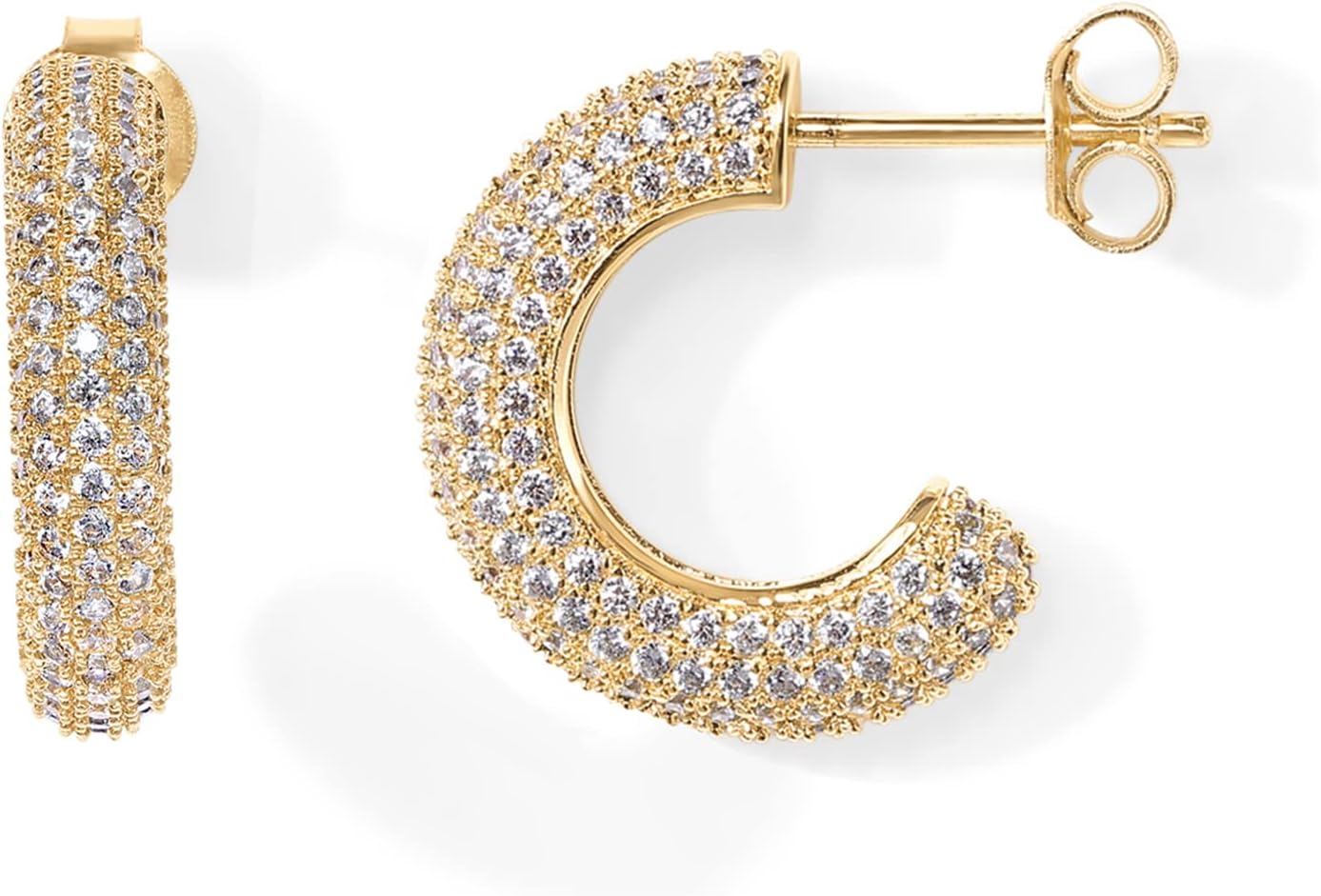 14K Gold Plated 925 Sterling Silver Post Cubic Zirconia Chunky Hoop Earrings - Thick Lightweight Gold Earrings for Women - Fully Studded Hoop