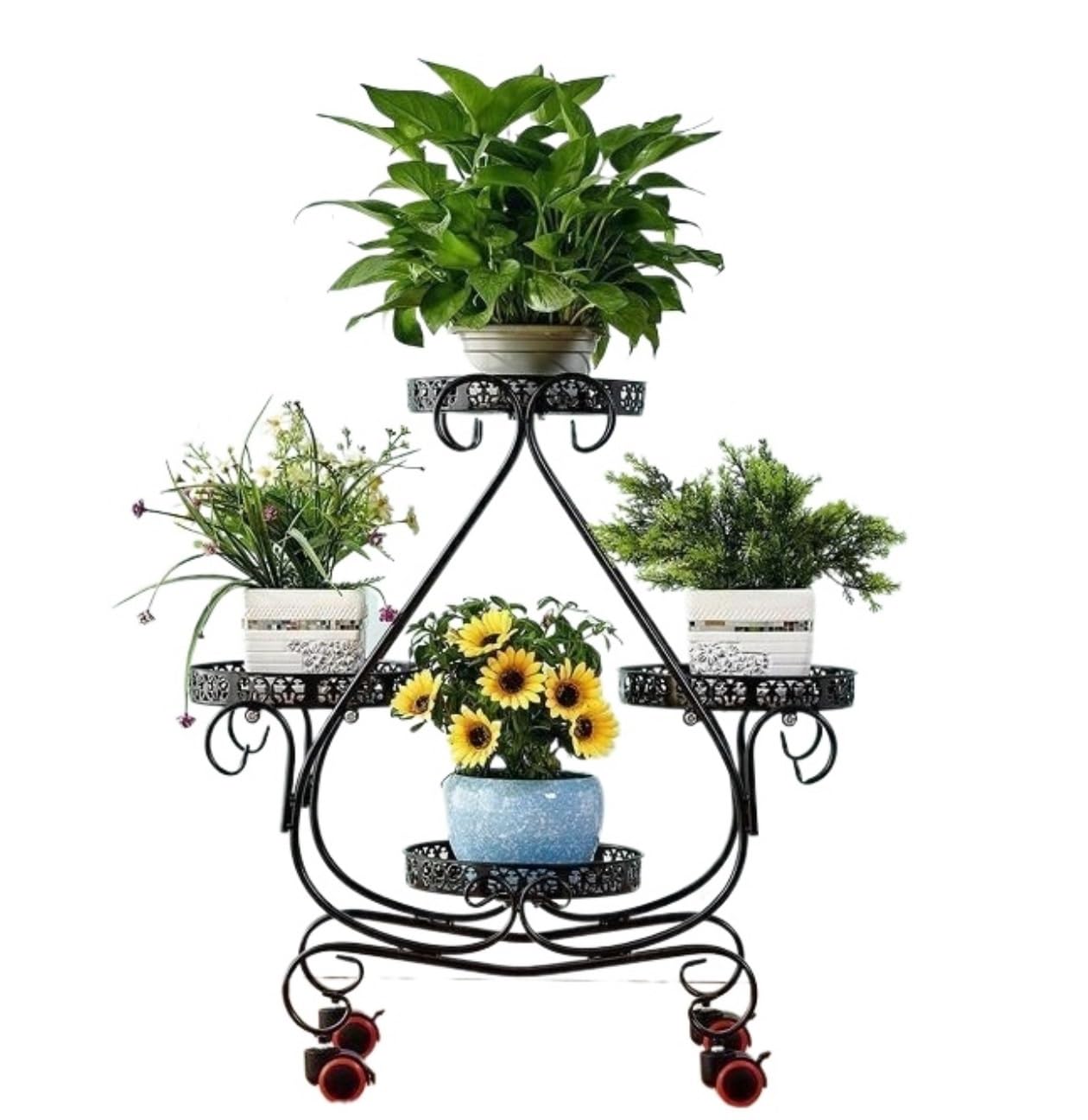 MHbdfsxz Plant Shelf For Multiple Plants Metal Plant Stands Outdoor Flower Pot Stand For Indoor Plants With Wheels Flower Stand For Patio(Black)