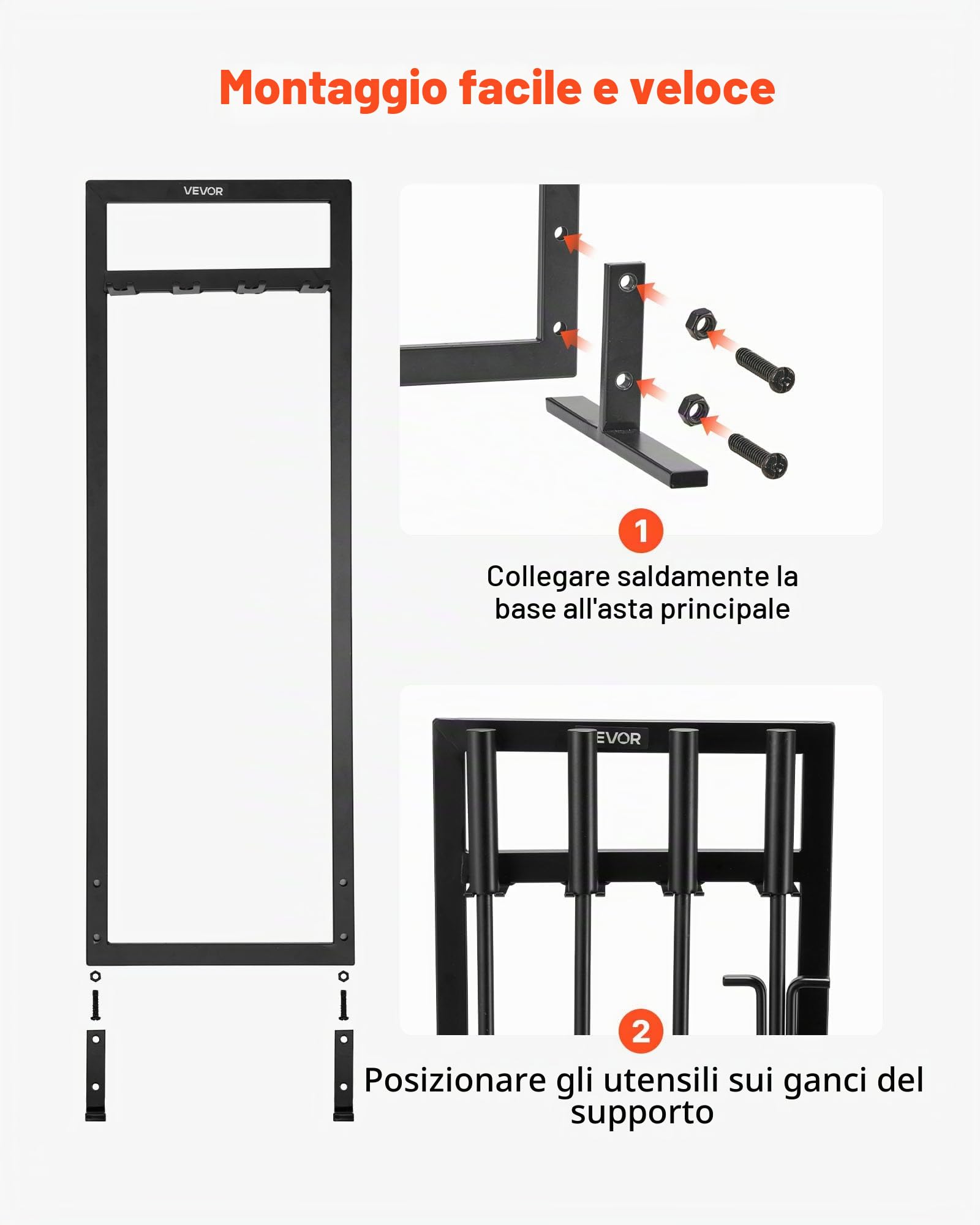 VEVOR Set di Attrezzi per Camino, 5 Pezzi, con Supporto a Telaio Quadrato, Pinze, Paletta per Cenere, Spazzola, Attizzatoio per Caminetto, Accessori per Camino in Ferro Battuto per Falò, Nero