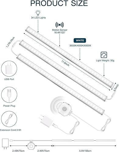 Miniatura 6 de Daymeet Luces para debajo del gabinete enchufables, iluminación ultra fina con sensor de movimiento de 12 pulgadas, 3 temperaturas de color, 3500 K,