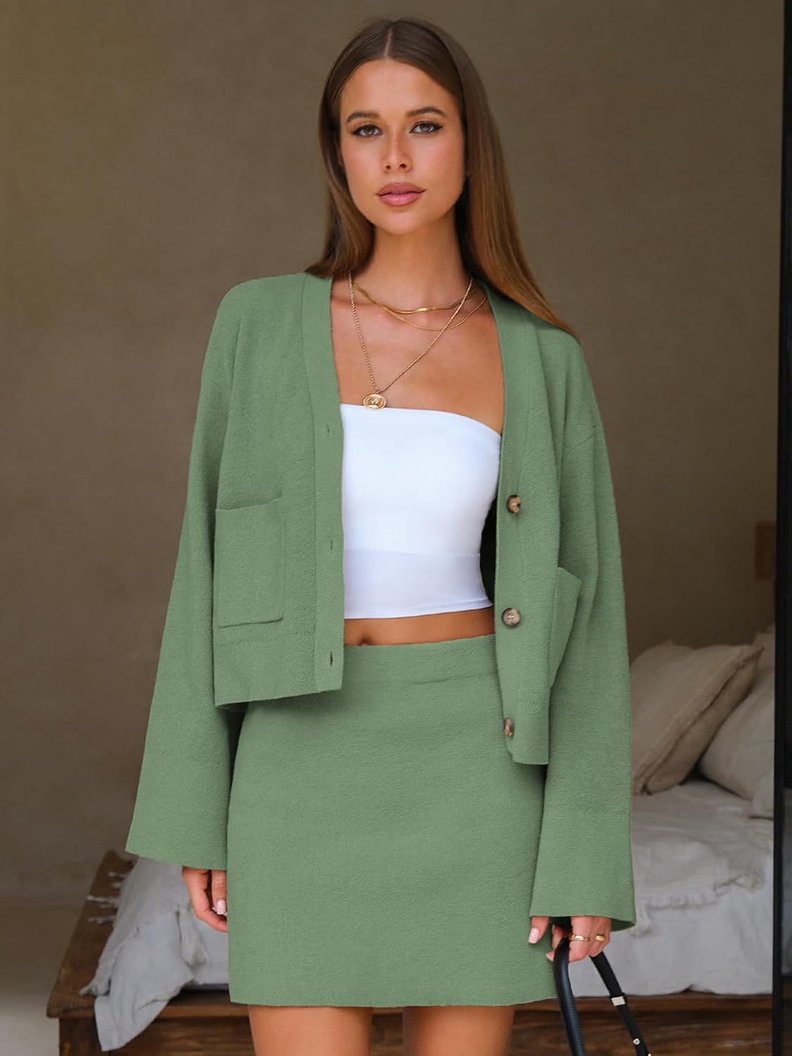 EXLURA Womens 2 Piece Skirt Sweater Sets V Neck Button Up Cardigan Mini Skirts Fall Winter Knit Trendy Outfits Pockets 2025 - Image 2