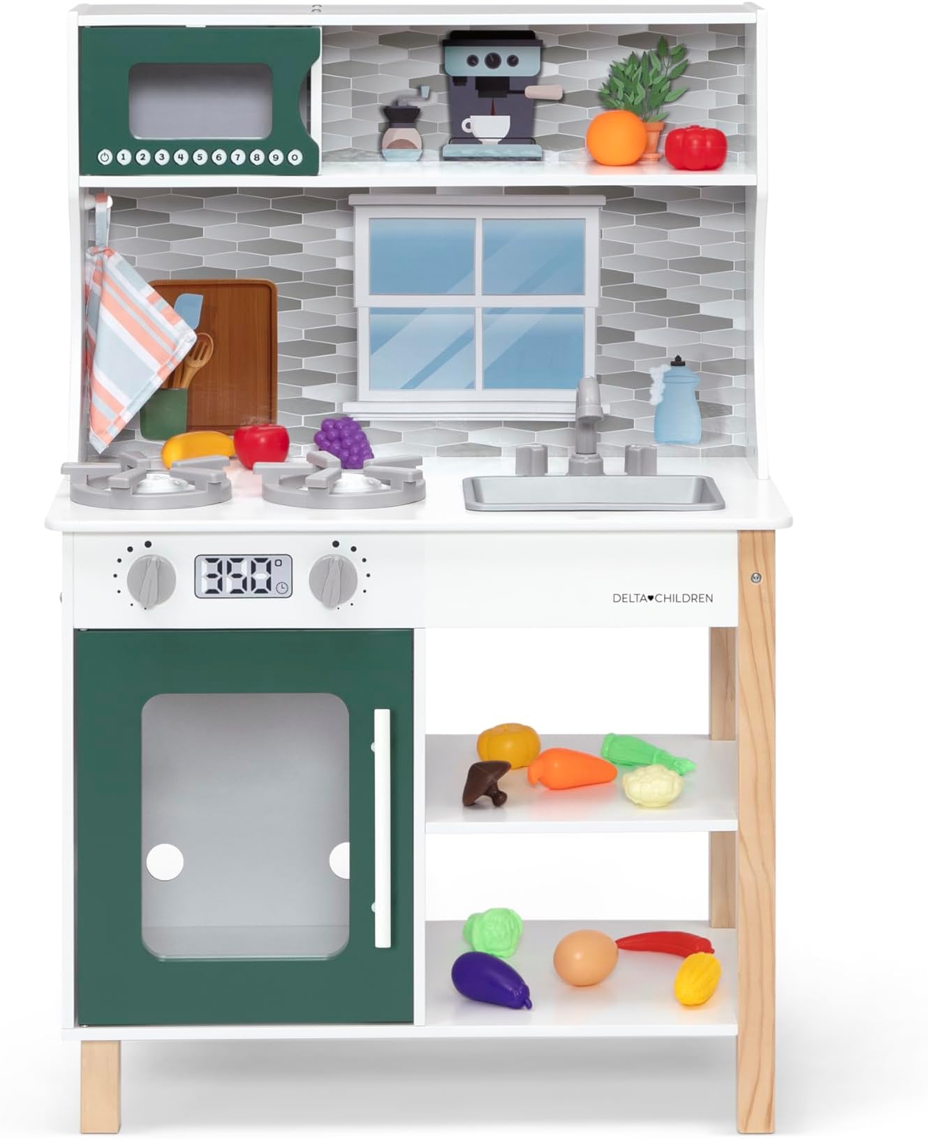 - Tiny Chef Play Kitchen - Toy Kitchen Playset with Realistic Knobs that Turn/Click, Oven, Sink, Microwave and 15 Pieces of Play Food, Green