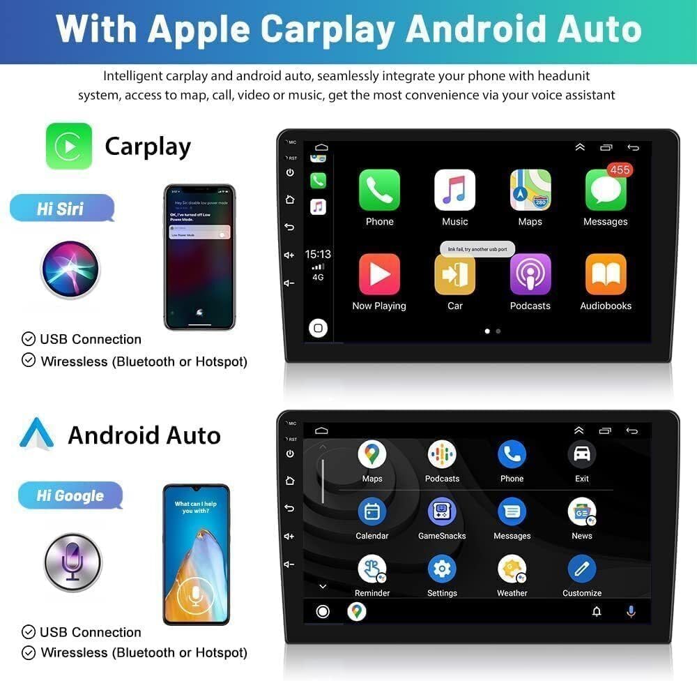 Screenshots of Apple CarPlay and Android Auto interfaces on the car stereo, showing app icons and voice assistant activation.