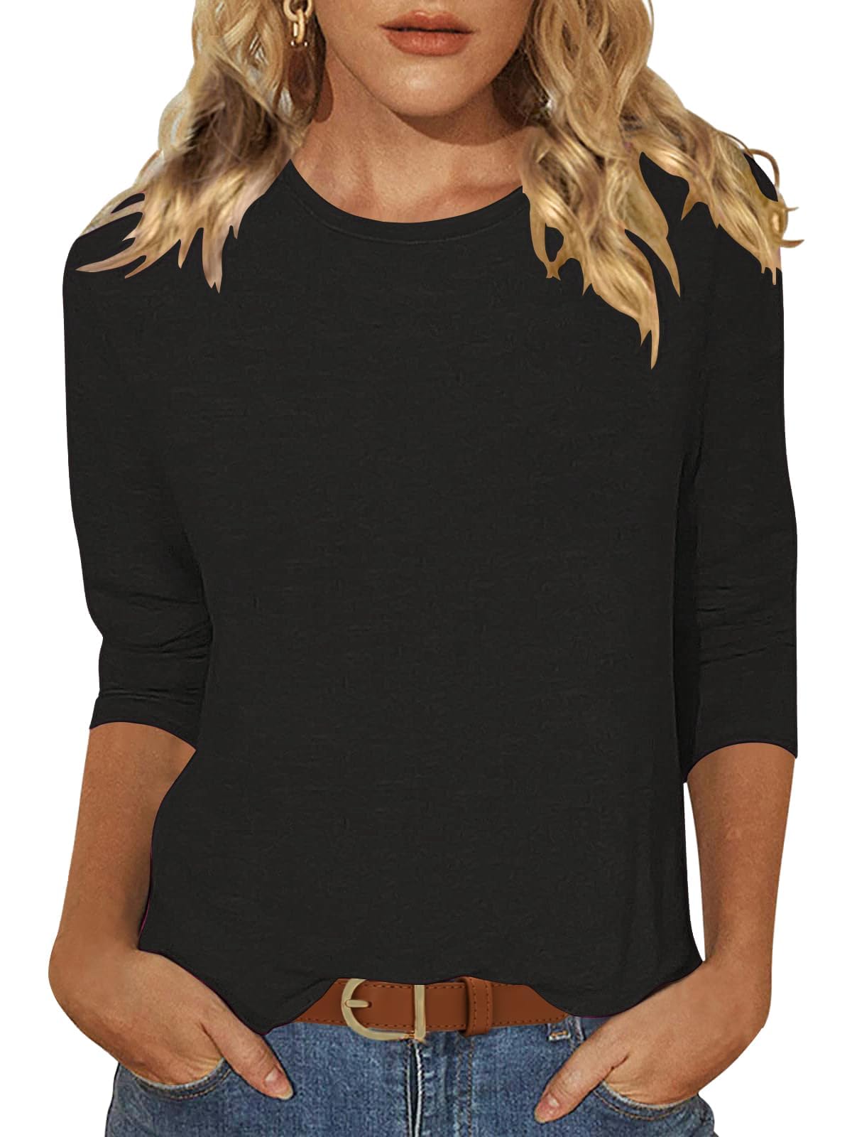 Enqoole T Shirt Damen 3/4 Arm Shirt Locker Rundhals Basic Tshirt Casual Tunika Sommer Einfarbige Blusen