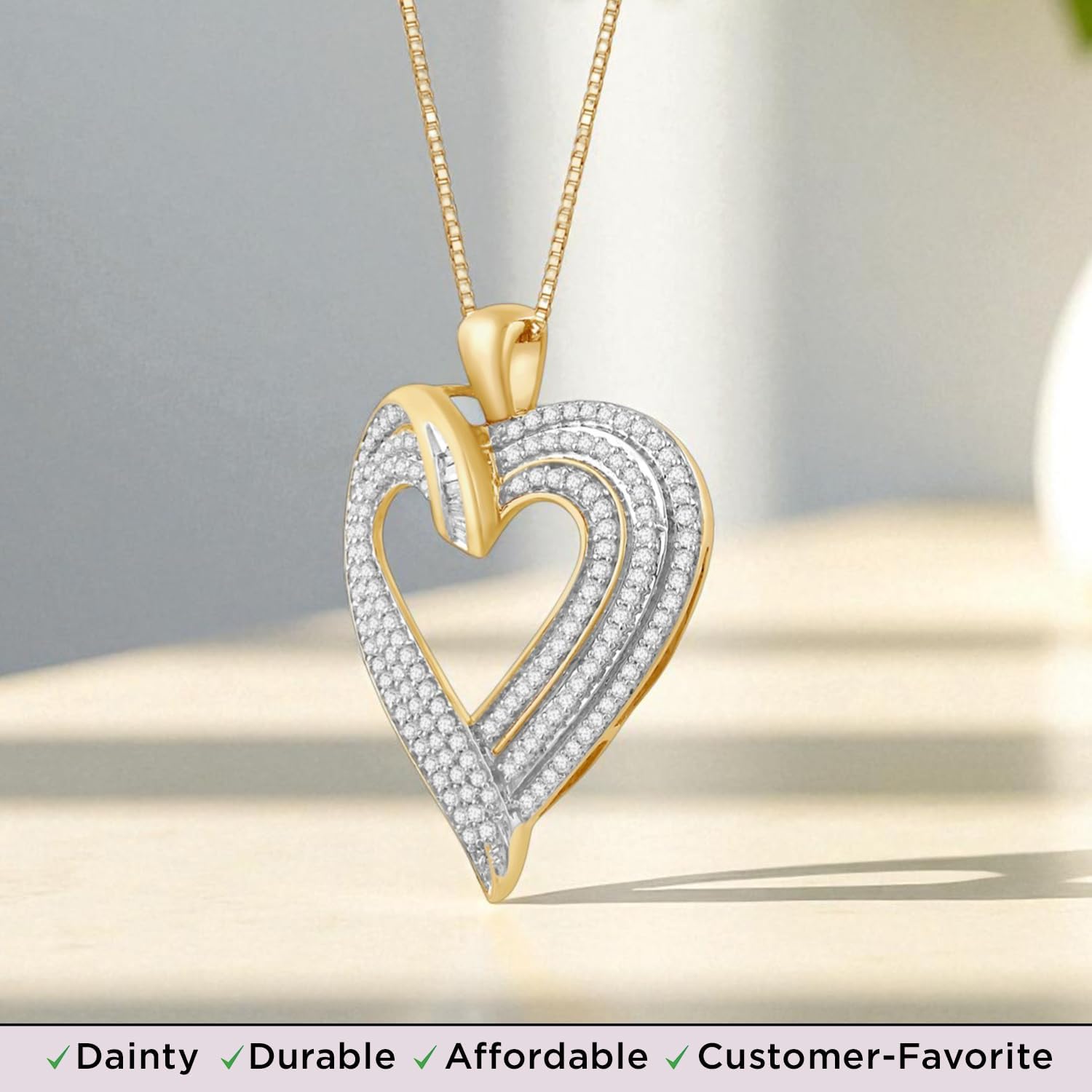 Jewelili Heart Necklace Pendant with Natural White Round and Baguette Diamonds 1/2 Cttw in 10K White or Yellow Gold 18" Box Chain