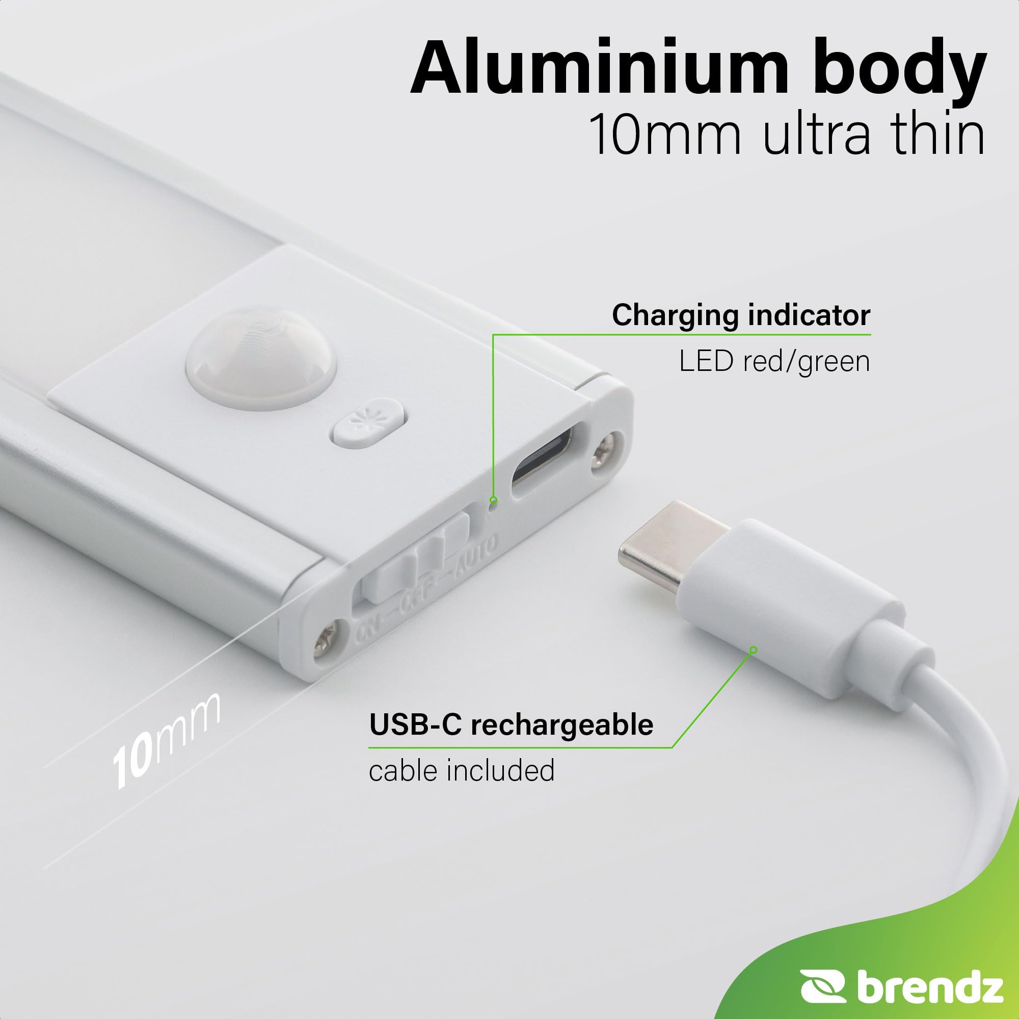 Brendz LED Sottopensile Cucina, Luce LED Ricaricabile, 2 x 40cm, USB-C, 2200mAh, 3 Temperature di Colore, Dimmerabili, Magnetica, Luci LED Cucina Sottopensile Senza Fili, Puyo Argento