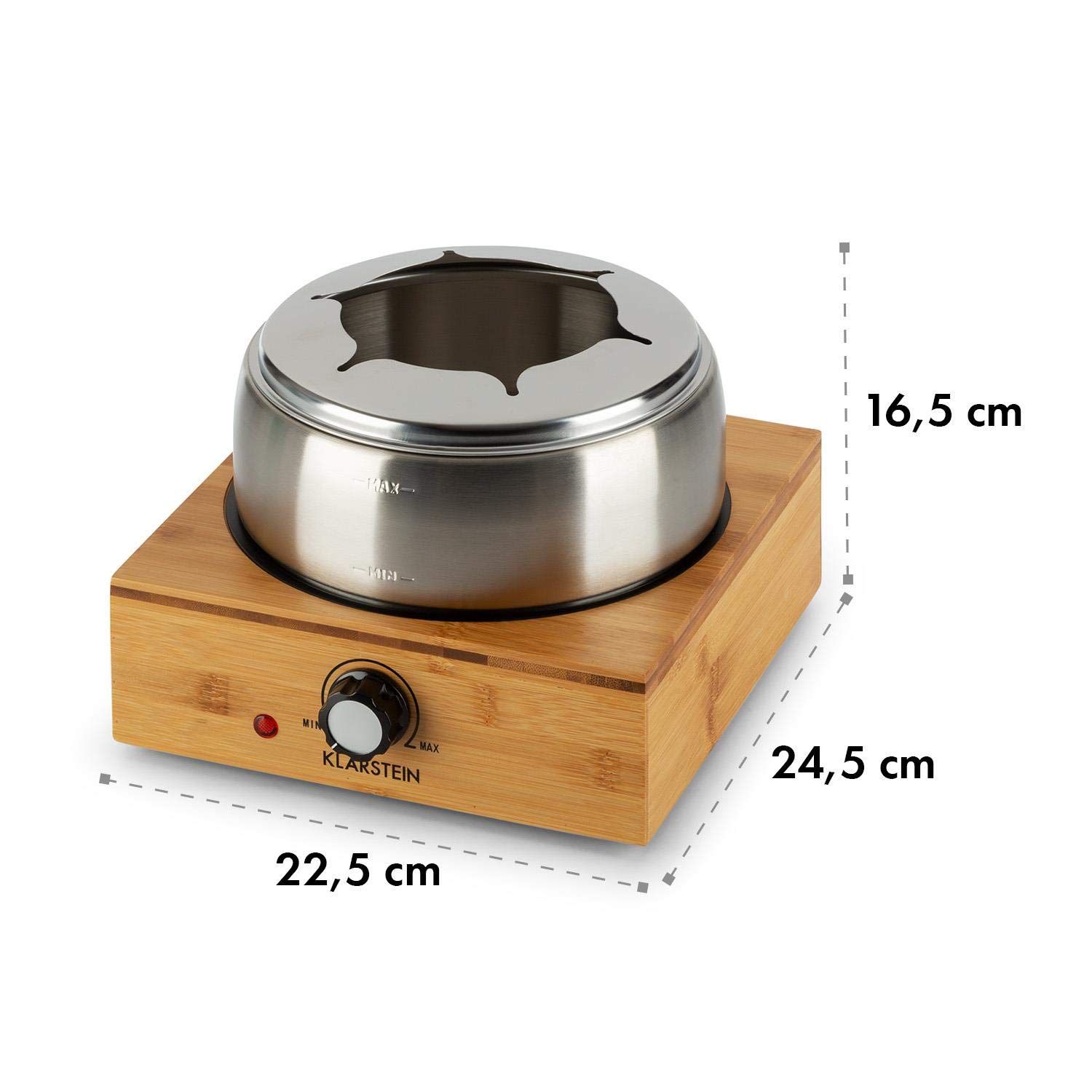 KLARSTEIN Bambus - fondue, 800 W, caquelon en inox, base en bambou, capacité 1,3 L max., plaque chauffante en inox, thermostat, support de fourchette, 6 fourchettes à fondue en inox - bambou