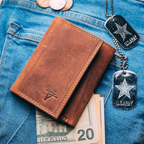 Mens Trifold Wallet RFID Protection Genuine Leather Trifold Wallet Key Holder Velcro's Closure Card Case Holder (J133, Rustic Brown)3