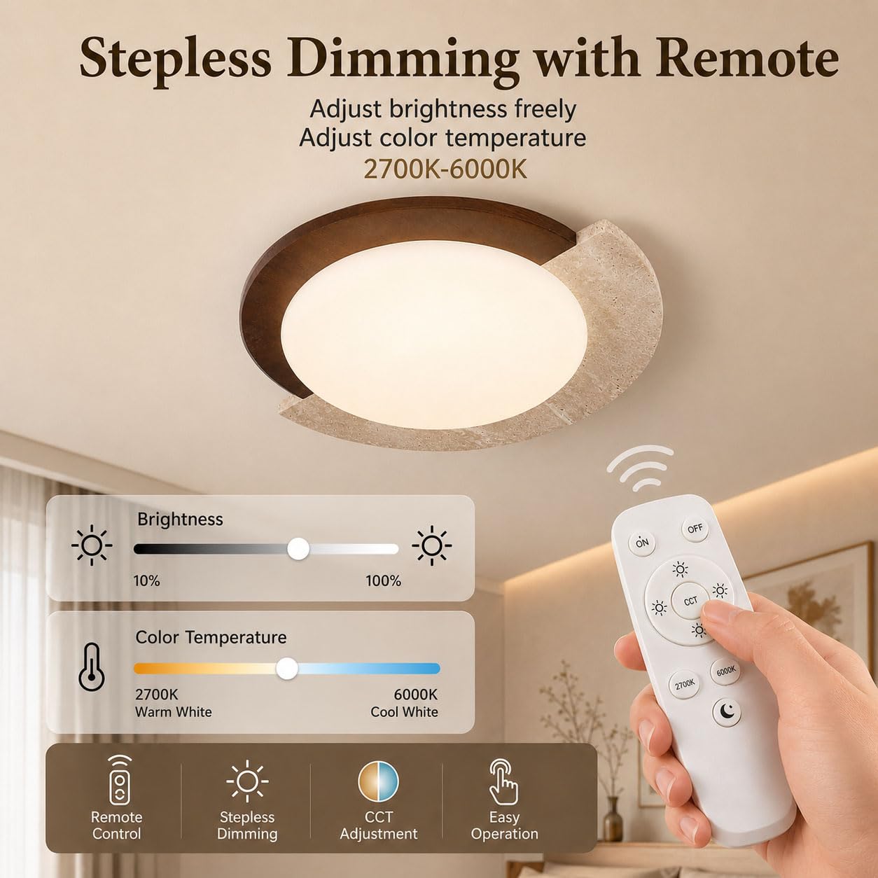 Plafoniera LED Soffitto Dimmerabile con Telecomando, Stile Wabi-Sabi in Travertino Naturale e Legno Massello, Spettro Completo, 2700–6000 K, Soggiorno e Camera da Letto,Ø45×H10cm