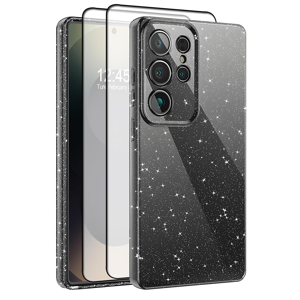 CaseLover Handyhülle für Samsung Galaxy S25 Ultra 5G Hülle Glitzer, Schwarz | mit 2 Stück Schutzfolie, Ultra Dünn Weich TPU Silikon Case, Kameraschutz Stoßfeste Kratzfest Schutzhülle, für Mädchen