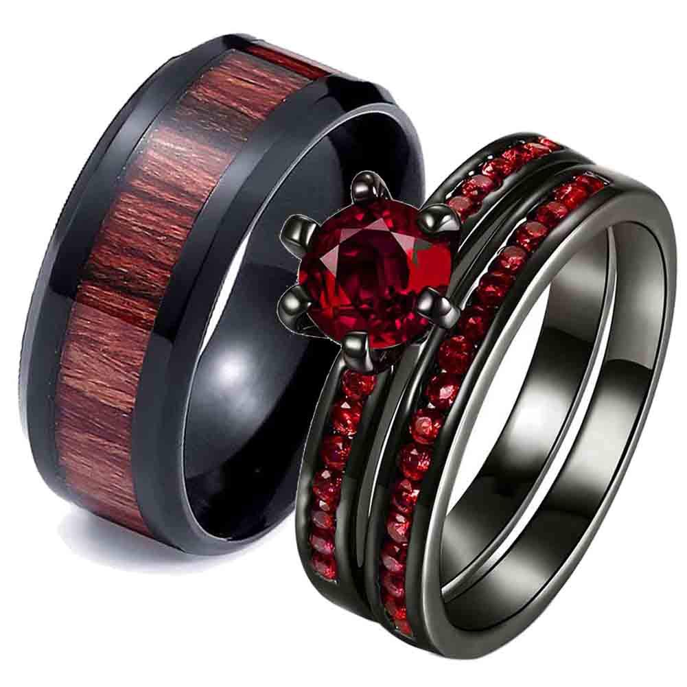 ringheartringheart Couple Rings Black Plated Round cut Blue Cz Womens Wedding Ring Sets Stainless Steel Men Wedding Band