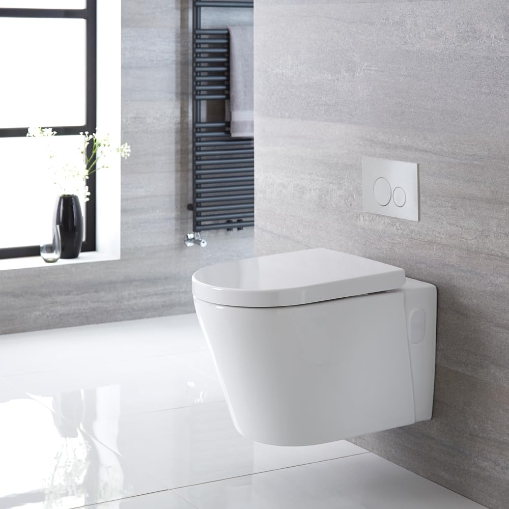 Milano Ballam White Wall Hung Round Toilet Short Frame Dual Flush Cistern - White Round Plate
