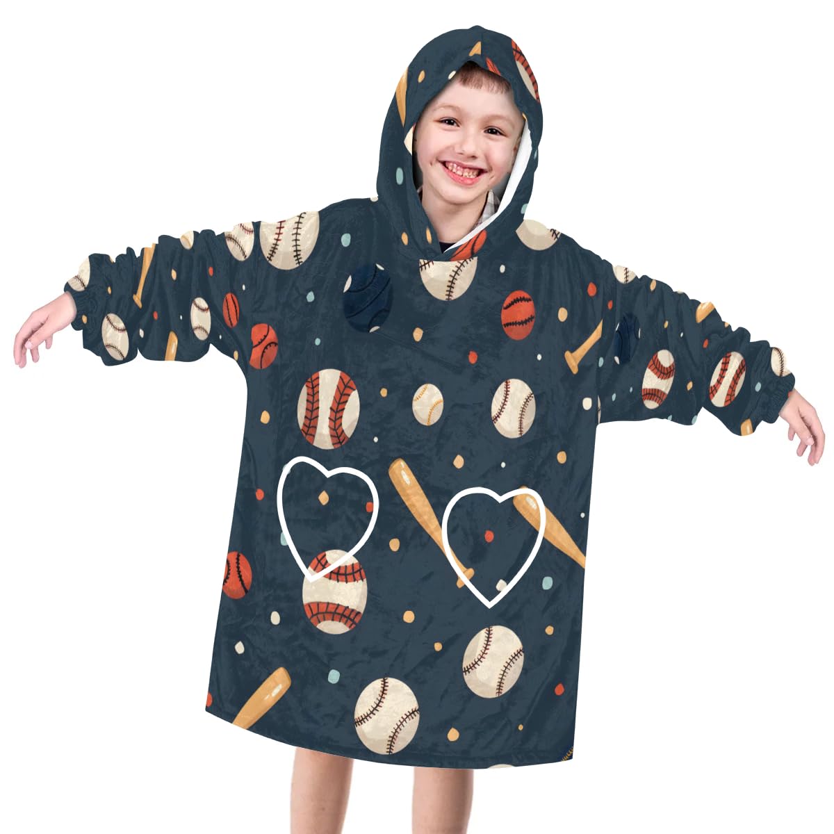 Pardick Wearable Blanket Hoodie for Kids, Retro Baseball Fleece Sweatshirt Blanket Oversized Blanket Sweatshirt with Pocket Flannel Warm Hooded Blanket 6-10 Year Old Girl Boy Gift, One Size