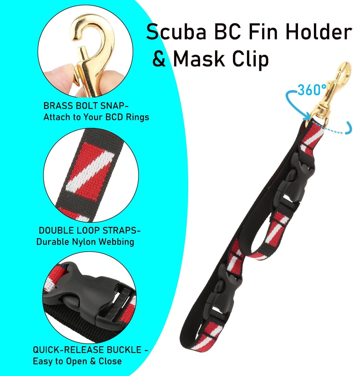 Diving Scuba BC Fin Holder & Mask Clip Keeper | Diving Flippers and Mask Keeper, with Quick Release Loop Lanyard Strap, Brass Clip, Easy BCD Attachment