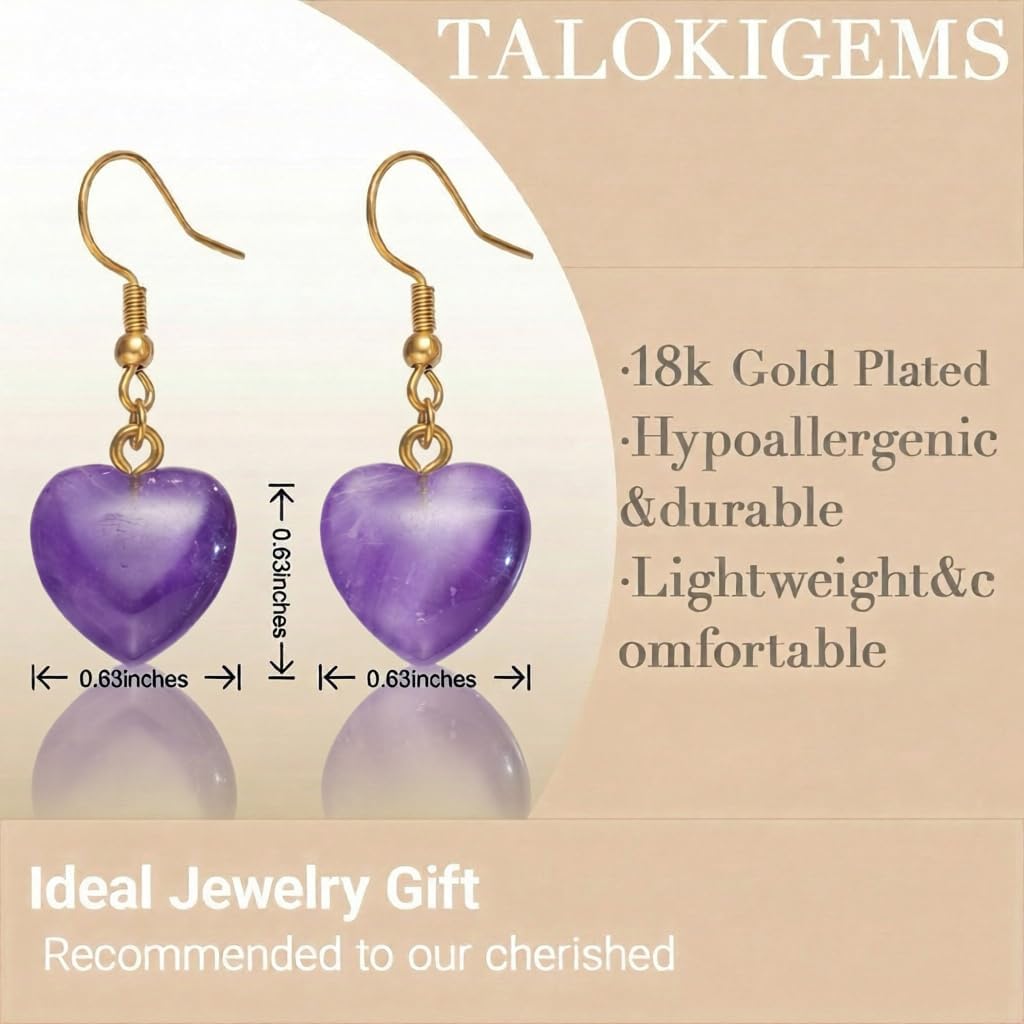 Heart Natural Stone Earrings for Women Lapis Lazuli Carnelian Amethyst Rose Quartz Turquoise Drop Dangle 18k Gold Plated Earrings Handmade Gemstone Jewelry Gifts for Mom Girlfriend - Image 5