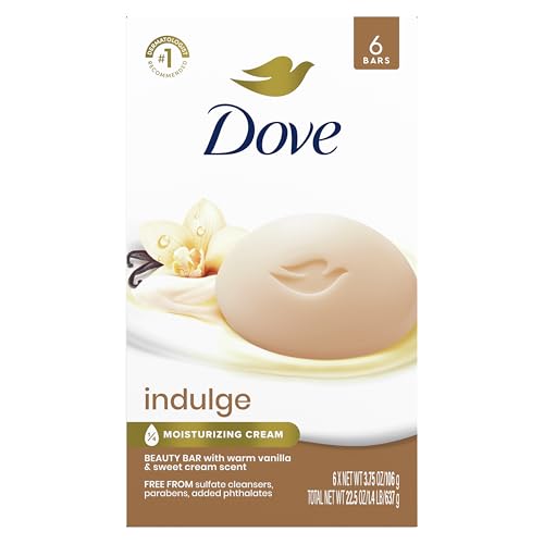 Dove Indulge Beauty Bar Soap 6 Count Warm Vanilla & Sweet Cream 3.75 oz I Indulgent beauty bar with Warm Vanilla and Sweet Cream for soft smooth and healthy-looking skin