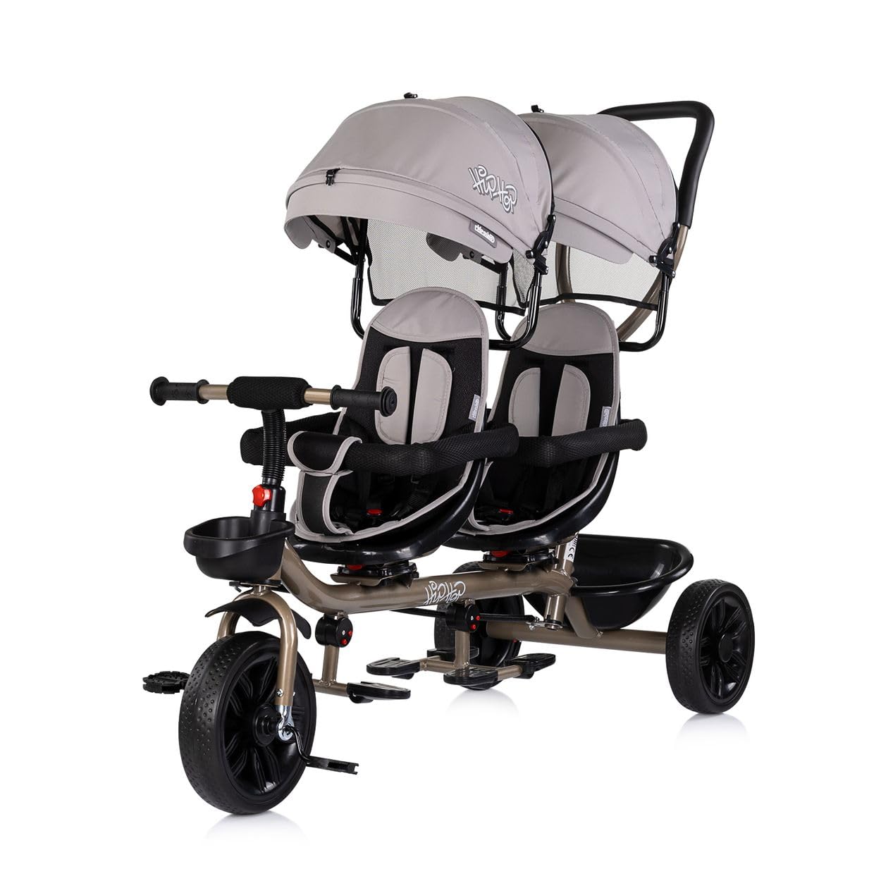 Chipolino Zwillingsdreirad Hip Hop, Zwei Kinder, bis 40 kg, Sitze 360° drehbar Hellbraun