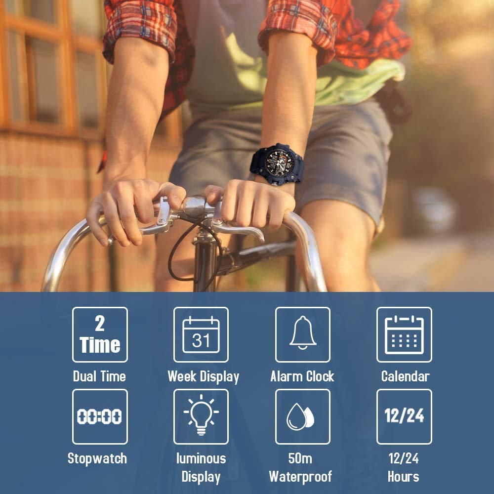 MASTOP Reloj digital para hombre, resistente al agua hasta 50 m, esfera doble, multifunción, analógico, militar, deportes al aire libre, reloj electrónico impermeable