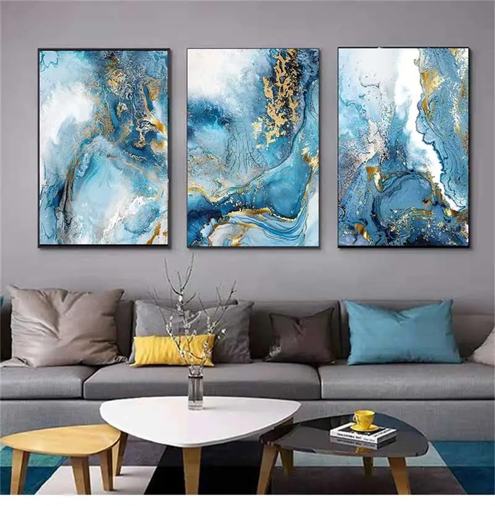 WUHBCZ Art Pictures-Gold Foil Blue Marble Texture Luxury Poster Prints Pictures Teal Watercolor Wall Art Canvas Painting Pictures for Modern Office Home Decor-50 * 70cm/3PCS (No Frame)