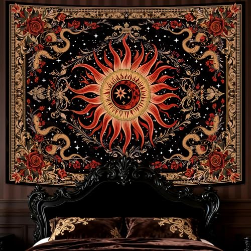 Neasow Gothic Sun Tapestry Vintage Snake Rose Floral Wall Art Mystic Black Red Retro Decor for Living Room Bedroom Home 36x48 inches