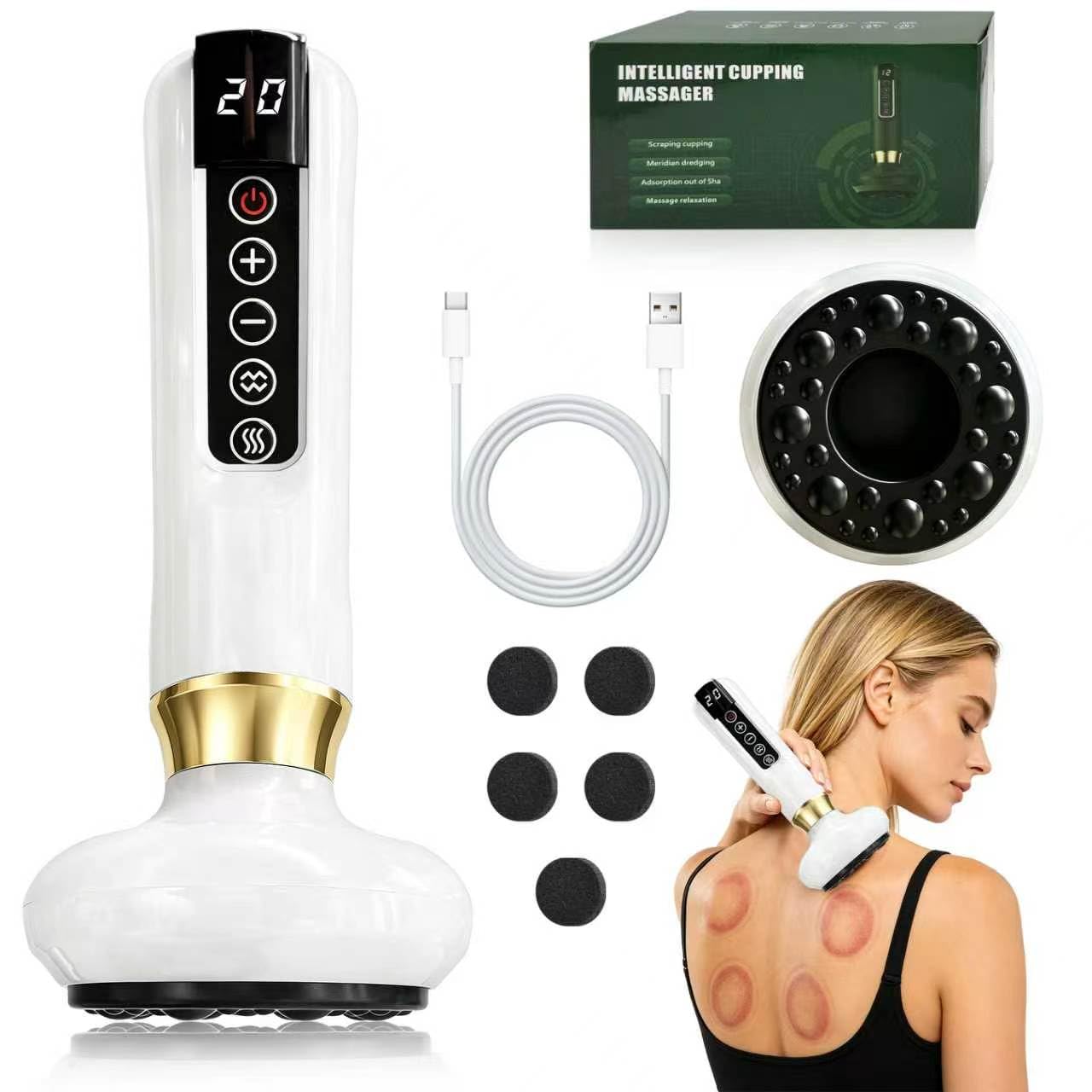 TZEKING Massaggiatore Elettrico a Coppettazione,4 Modalità Apparecchio di Gua Sha,Raschietto elettrico,Massaggio corpo Intero,Coppettazione