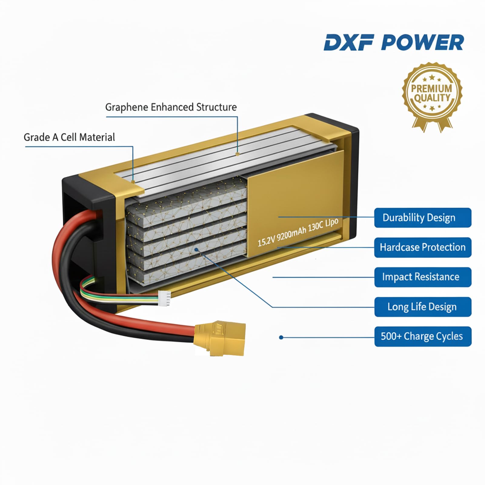 DXF 1 Confezione 4S Golden Series 15.2V 130C 9200mAh HV RC Li-Polymer Batteria rigida con connettore XT90 per RC Car RC Truck Tank Racing Models