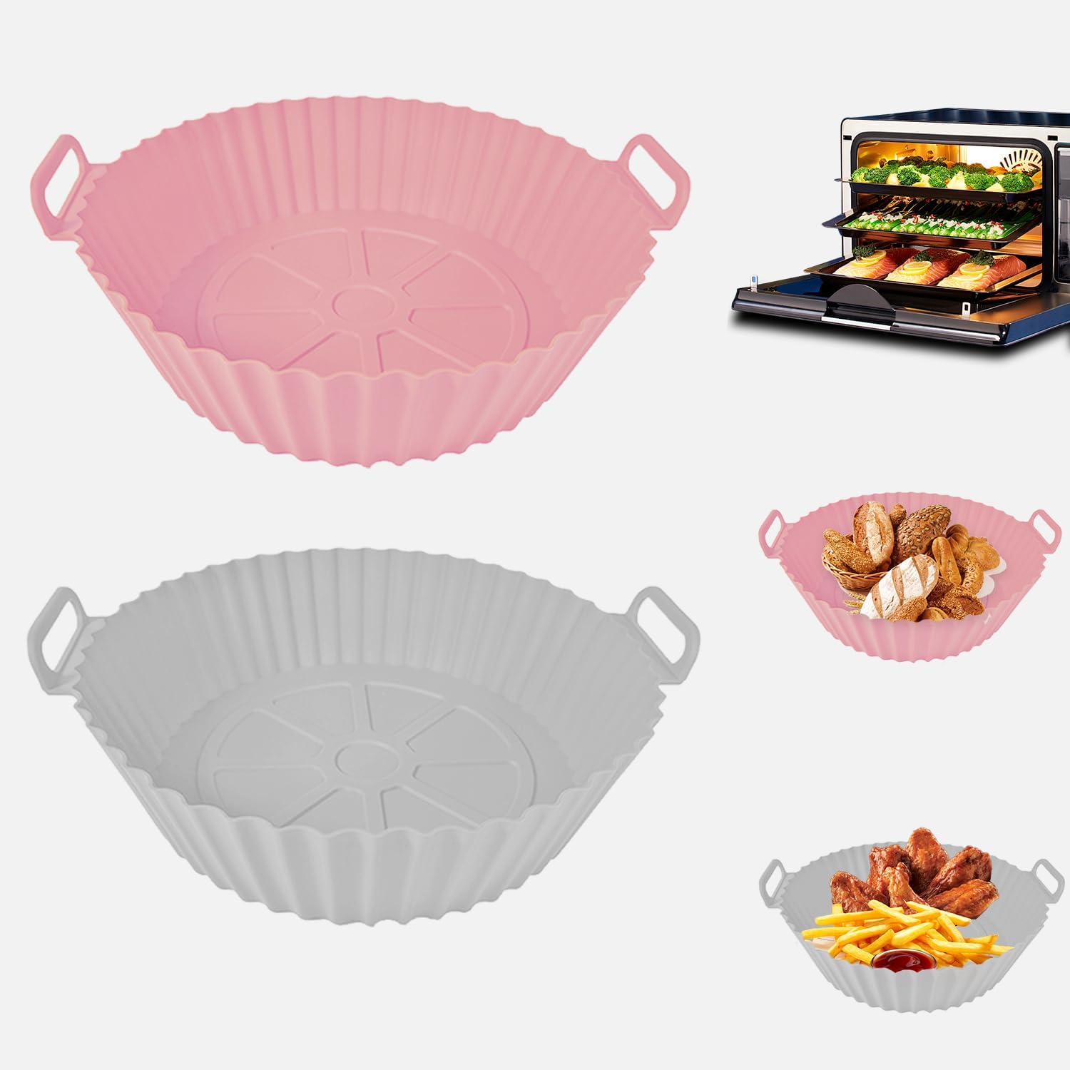2 Teglie In Silicone Per Friggitrice Ad Aria | Quadrate, Versione Spessorata | Resistenti Al Calore (-40°C A 240°C) | Con Maniglie E Fondo A Strisce | Grigio/Verde