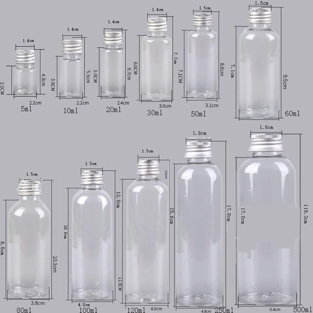 50 Stück 5-500ml Leere Plastikflaschen Mit Aluminiumkappe Fläschchen Probenflaschen Transparenter Behälter Für Reisen Kosmetische Lotion-Probenflasche Tragbare Reise-leere (Silberne Deckel,250ML)