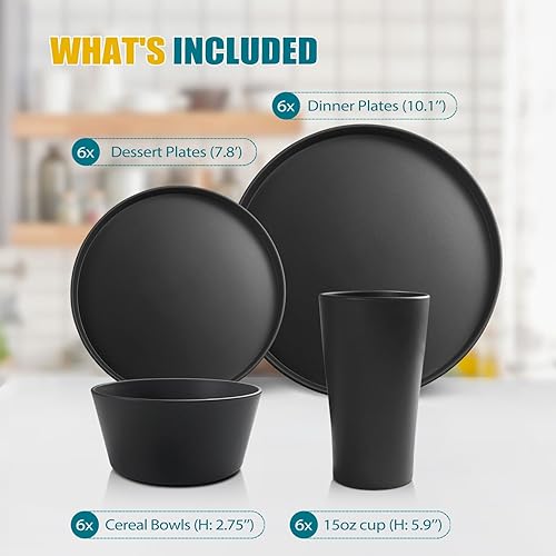 Miniatura 2 de Teivio Juego de vajilla de plástico de 24 piezas de paja de trigo, servicio para 6, platos llanos, platos de postre, cuencos para cereales, vasos,