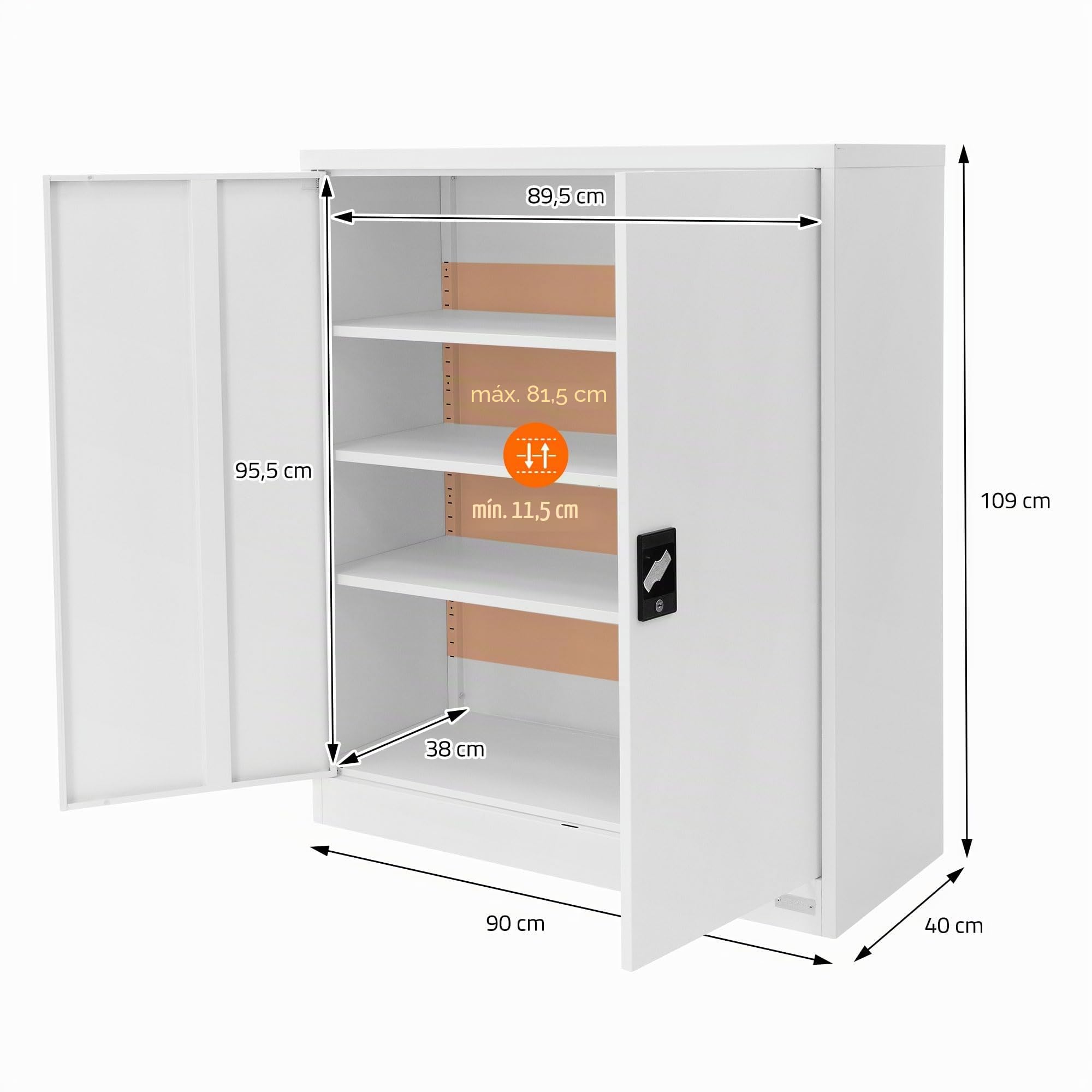 ML-Design Archivador de Oficina 90x40x109cm Acero Blanco Armario Independiente Auxiliar Metálica con 2 Puertas y 3 Estantes Regulables en Altura Mueble para Almacenamiento Documentos