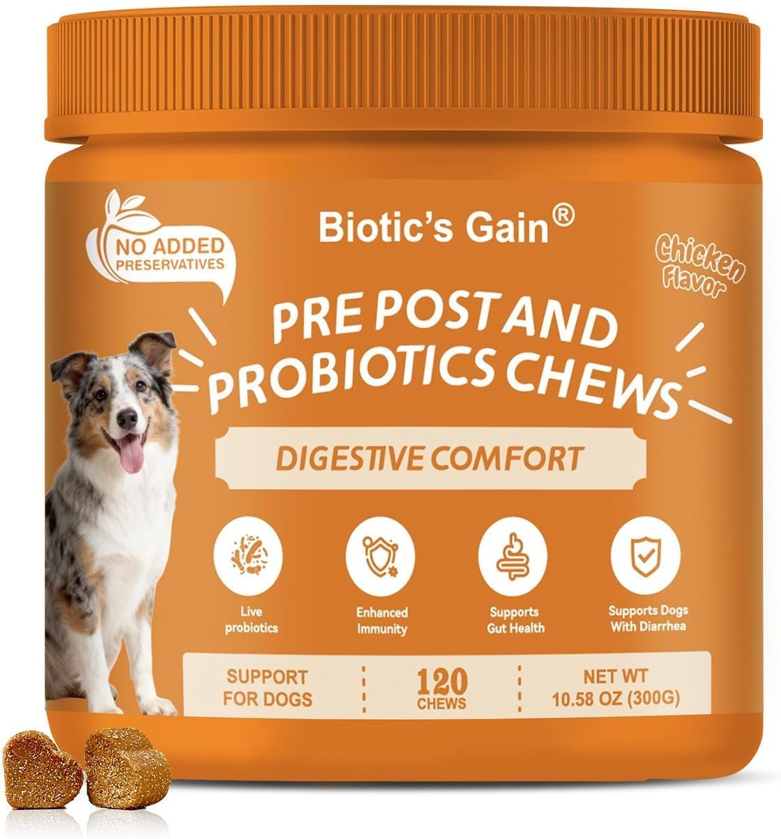 Biotic’s Gain Probiotics for Dogs | Digestive Enzymes & Pre/Post | Supports Healthy Gut Flora, Bowel Regularity & Digestive Comfort | Soft Chews for All Breeds (120, Pre Post & Probiotics)