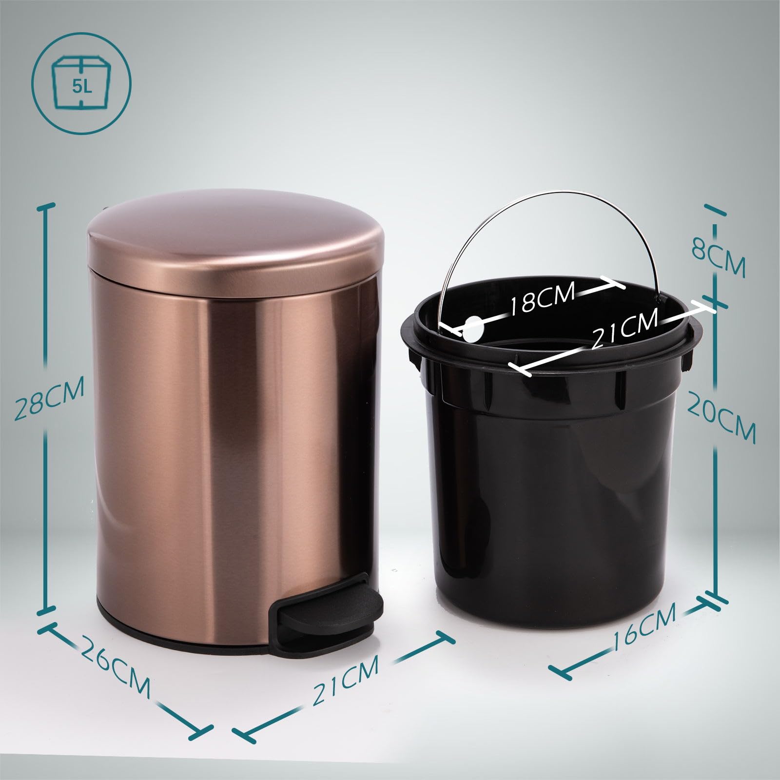 5L Papelera Baño con Pedales, Acero Inoxidable, Oro Rosa Papelera Baño Pequeña con Cepillo Para Inodoro, Diseño Compacto y Moderno, con Tambor Interior Extraíble y Cierre Suave, Para Pequeñas Oficinas