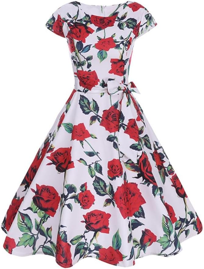 Vintage Bodycon Swing Dress Women Short Sleeve Casual Retro Evening Party Prom (S, Flower 02)