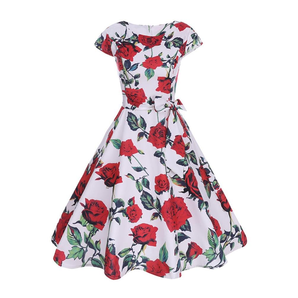 Vintage Bodycon Swing Dress Women Short Sleeve Casual Retro Evening Party Prom (S, Flower 02)