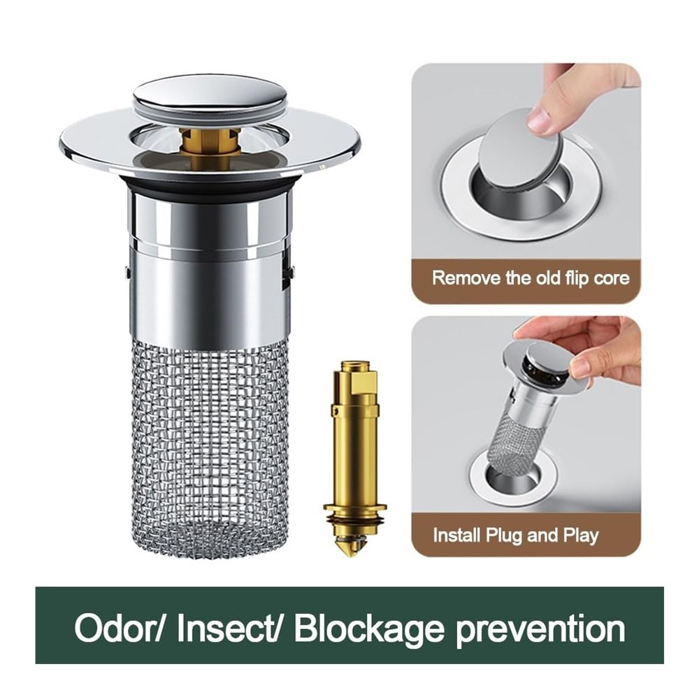 Enchufe de Fregadero Universal. Tapón de desagüe for Lavabo de baño Plateado con colador for atrapar el Pelo(Silver)