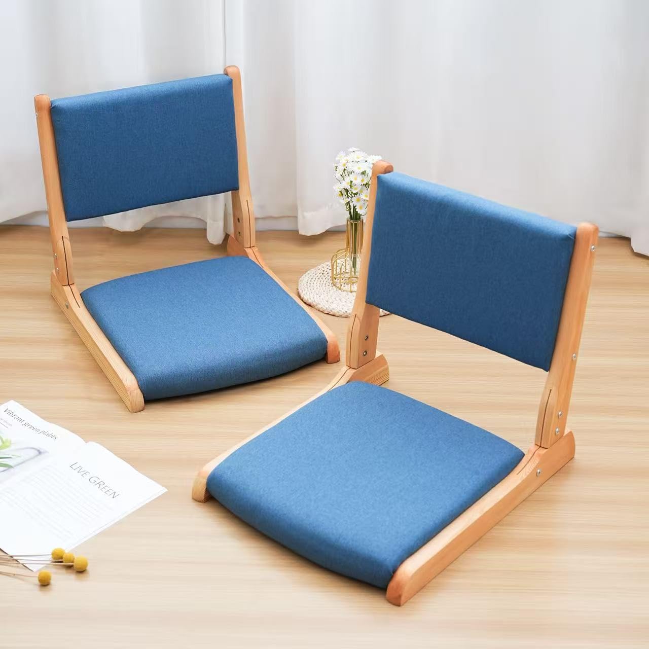 Japanese Floor Chair with Back Support, Foldable Meditation Chair, Legless Tatami Chair with Cushion, Floor Seat for Living Room, Bedroom, Bay Window (2, Blue)