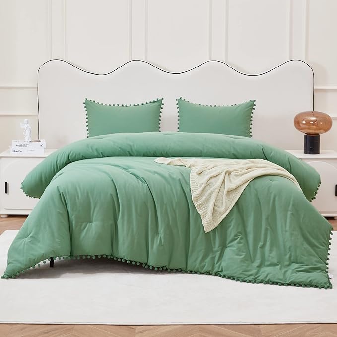 FROHAUL Sage Green Queen Comforter Set with Pom Pom Fringe