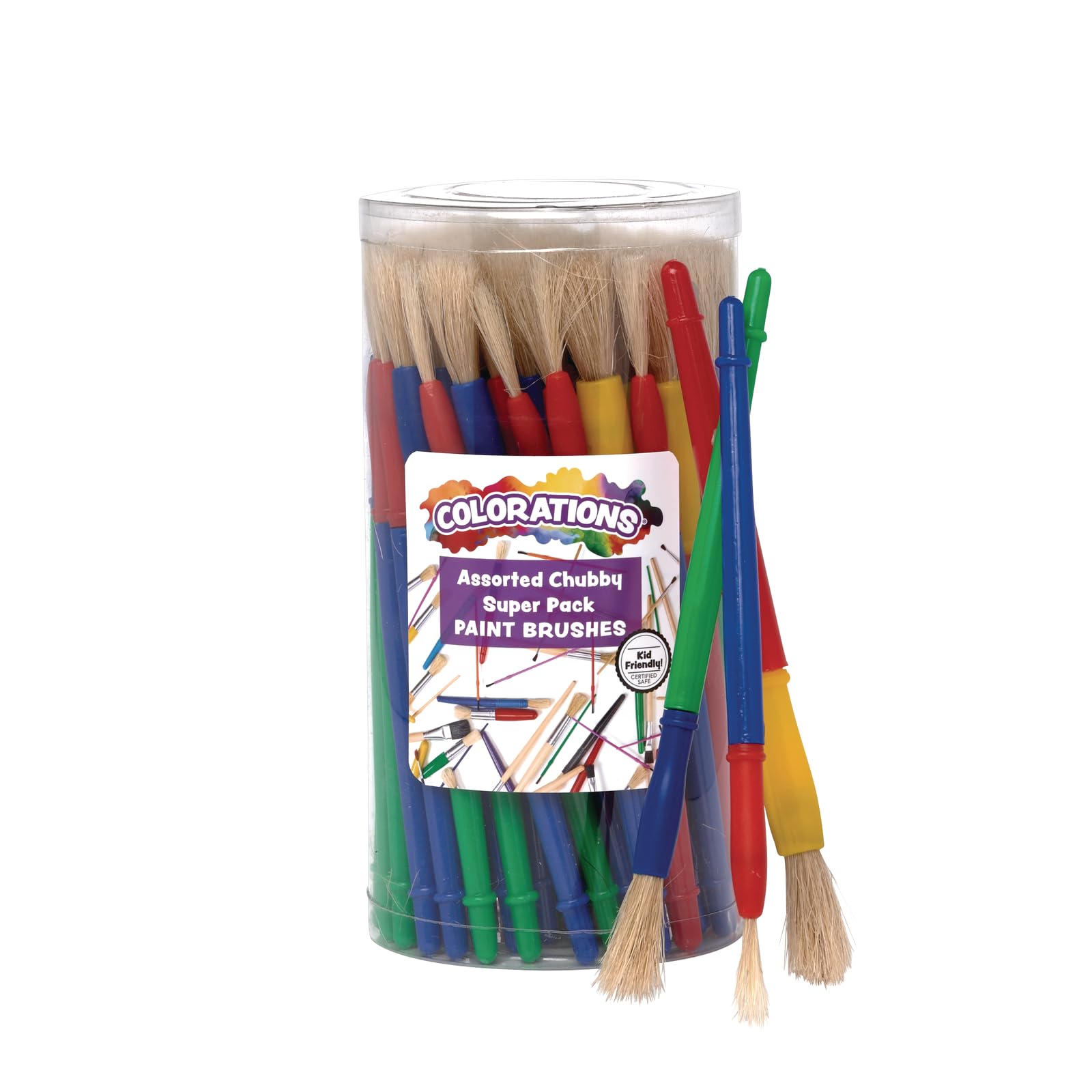 Colorations(r) Assorted Chubby Brush Super Pack, Set of 60, 3 different sizes, Plastic Paint brushes with Natural Bristles, Paint Brushes for Kids, Kids Paint Brushes, Paint Brushes for Children