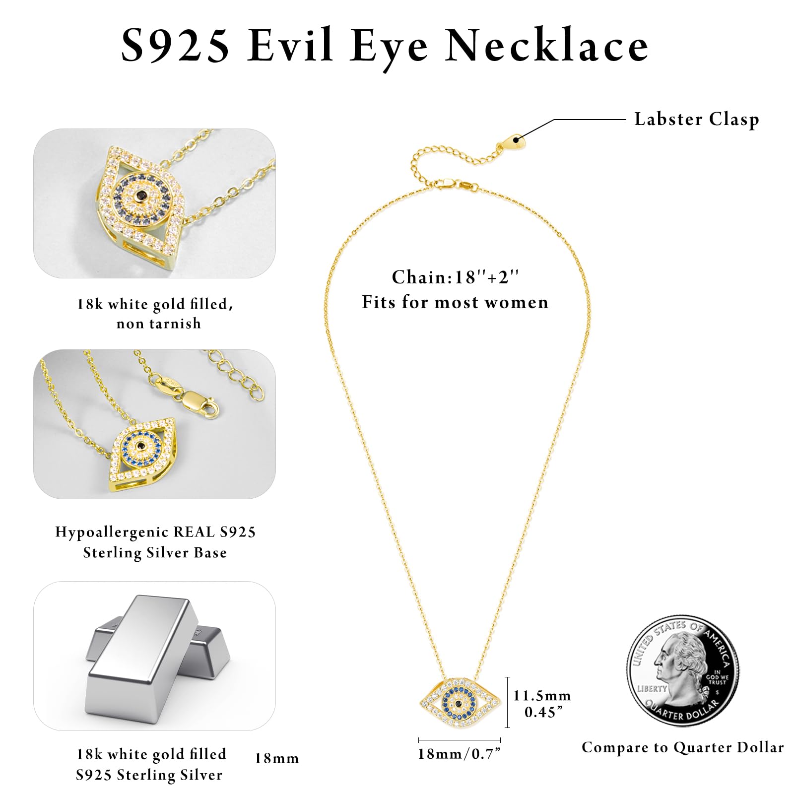 AENEAS Collar de mal de ojo para mujer, collar de plata de ley chapado en oro, joyería de moda Ojo Turco, regalos para mujeres y esposas